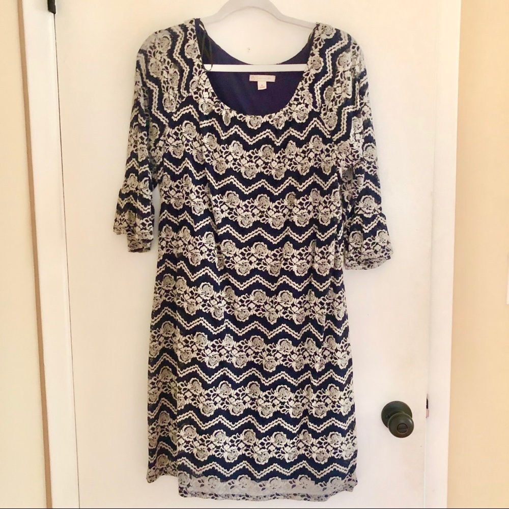 Dress Barn Navy and White Lace 3/4 Sleeve Dress